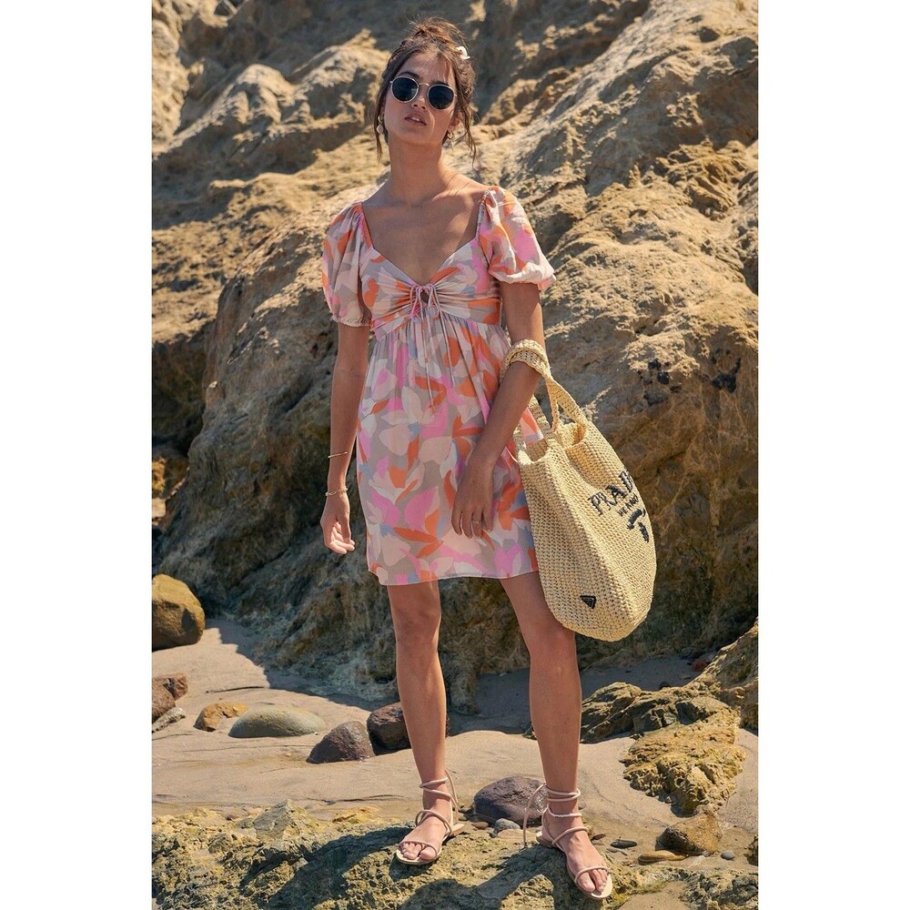 Saltwater Luxe Summer Mini Dress Multicolor Key Hole Tie Front Size L Large EUC!